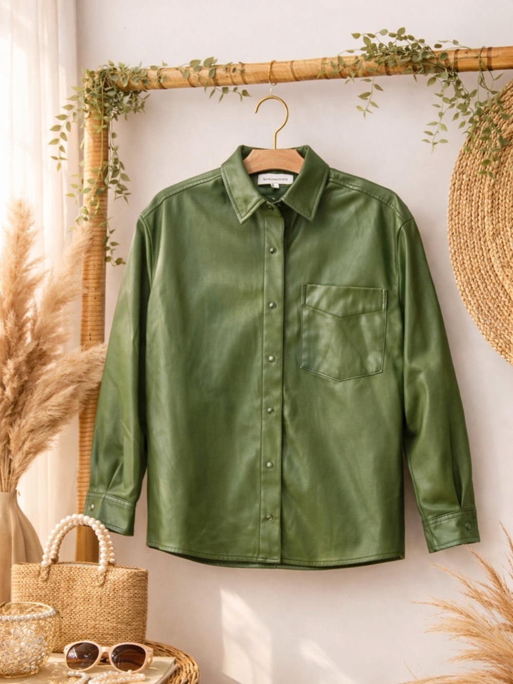 WeWoreWhat Olive Green Vegan Leather Shacket Overshirt Jacket XXS